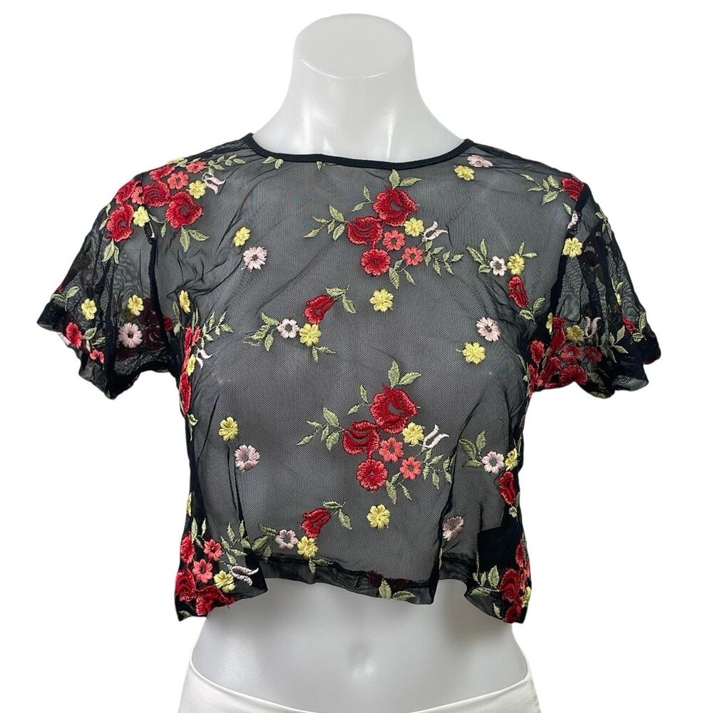 Storia Womens Black Lace Sheer Embroidered Floral Short Sleeve Crop Blouse Top S